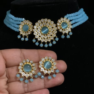 Conjunto de gargantilla de diamante con piedra Monalisa / Pendientes / Gargantilla Kundan / Gargantilla chapada en oro / Conjunto de gargantilla de diamantes