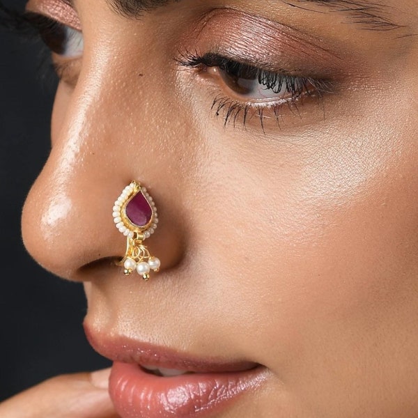 Fine Kundan Nose Ring/Pearl Nose Ring/Clip On/Fake Nose Ring/Indian Nose Ring/Nath/No Piercing/ Nose Clip/Nose Ring/Ear Cuff/Nose Jewelry