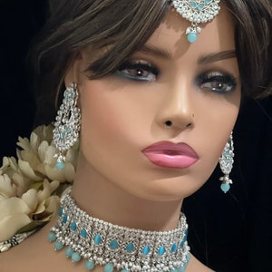 Silver Polki Kundan Choker/Polki Choker Set/Tikka/Earrings/Choker Necklace Indian Necklace/Pakistani Jewelry/Indian Jewelry/Indian Choker