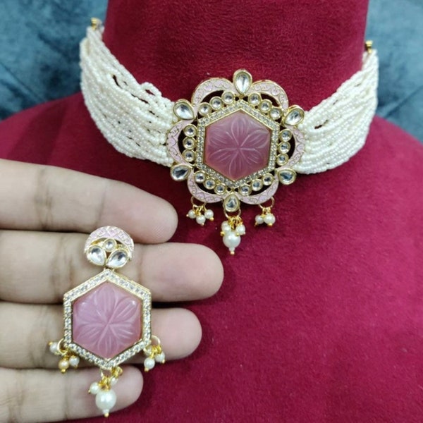 Pink Kundan Choker/Earrings/Choker/Indian Jewelry/Bollywood Necklace/Pakistani Necklace/ Indian Choker/Pakistani Jewelry/Kundan Jewelry