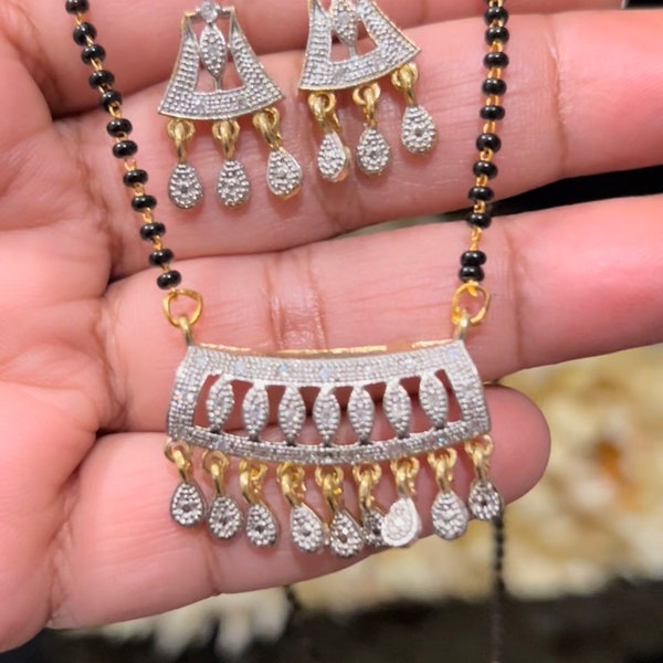 AD Diamond Gold Plated Mangalsutra/ Mangalsutra/ Earrings/ Black beaded Mangalsutra/ Mangalsutra Replica