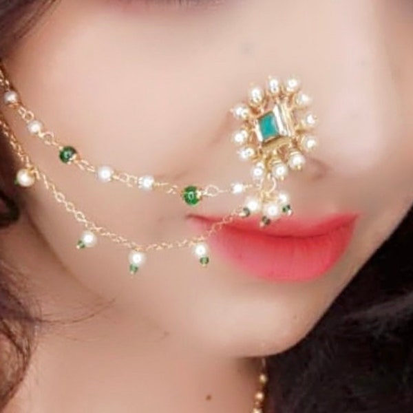 Indian Nose Ring/Clip On/Right/Left/Nose To Ear Chain/Beaded Chain Jewelry/Kundan Nose Ring/Nath/Boho Jewelry/Nose Clip/Nose Ring/Nose Chain