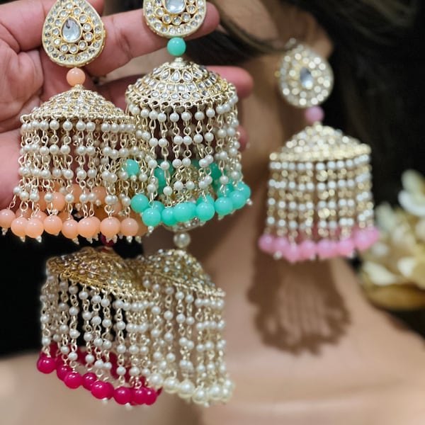 Exquisite Kundan Large Jhumka Earrings - Authentic Indian and Pakistani Jewelry Jhumka/Lightweight