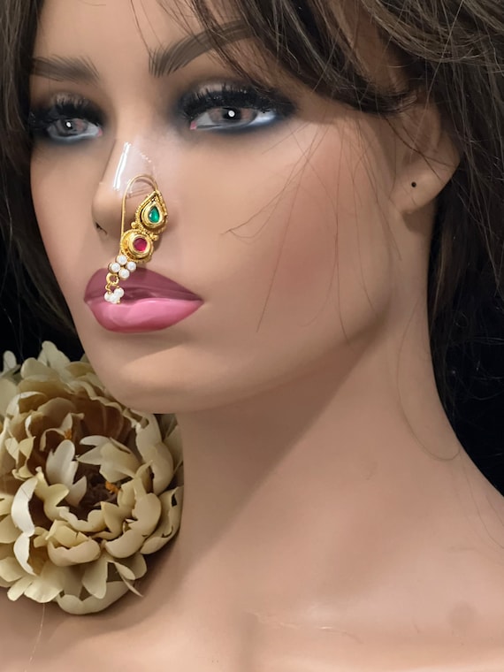 Buy JEWELOPIA Traditional Maharashtrian Nose Ring Stud Without Piercing  Clip On Golden Pearl Nose Nath For Women and Girls (Combo) (Combo) at  Amazon.in
