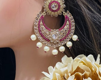 Antique Gold Polki Kundan Earrings Chandbali Earrings Bollywood Earring Indian Earrings Pakistani Earrings Indian Jewelry Punjabi Jewelry