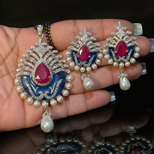 Blue Diamond Pendant/ Diamond Necklace/Studs/Ruby Diamond/ Pendant Set/ Statement Jewelry/ Indian Jewelry/ Pakistani Jewelry/ Enamel Jewelry