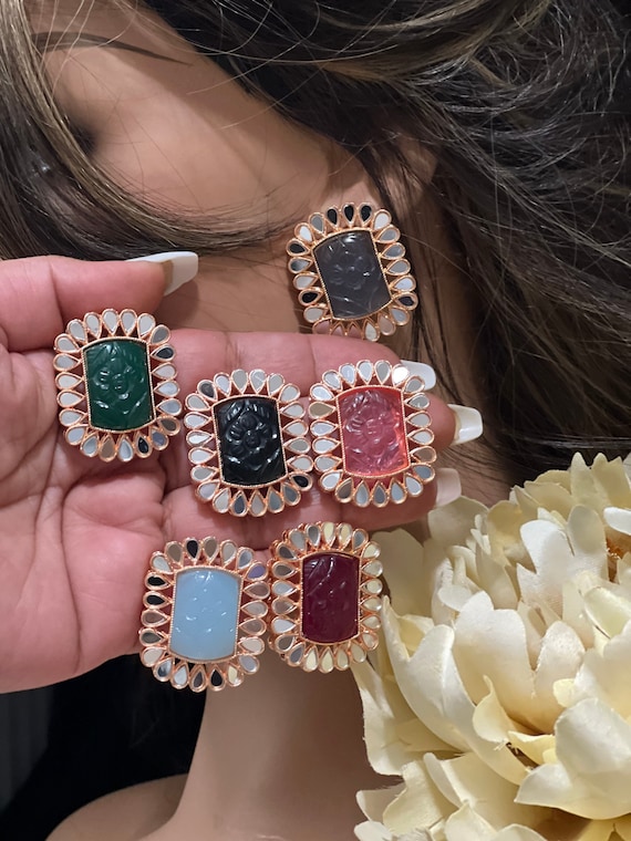 Reflection Gold mirror Earrings carved Stone Earrings studs square