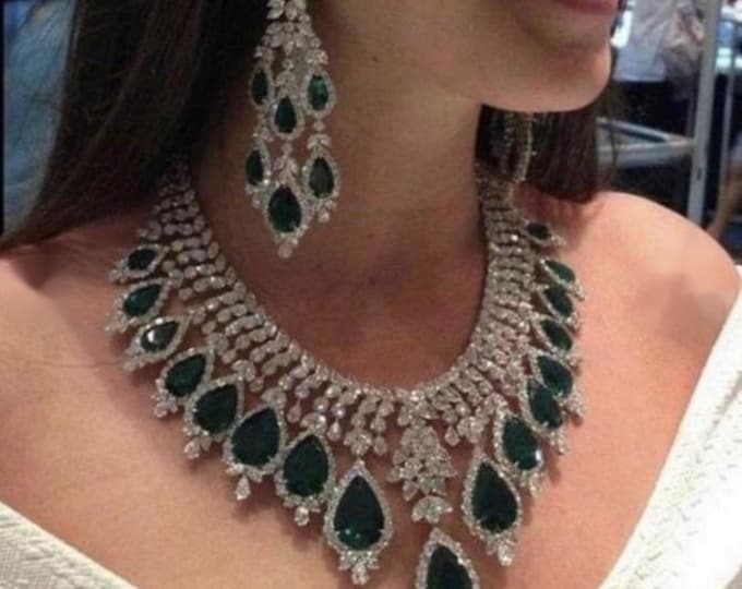 Rose Gold Plated Cubic Zirconia American Diamond Necklace & Dangle Earrings Jewellery Set for Women