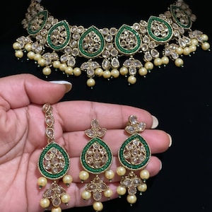 Green Polki Necklace/Antique Gold Choker/Polki Kundan Necklace/Polki Choker/Tikka/ Indian Jewelry/Pakistani Jewelry