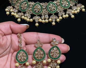 Green Polki Necklace/Antique Gold Choker/Polki Kundan Necklace/Polki Choker/Tikka/ Indian Jewelry/Pakistani Jewelry
