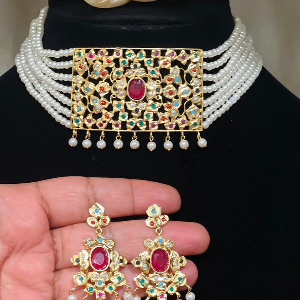 Real Jadau/Navratan/Jadau Choker/Ruby Choker/Hyderabadi Semiprecious Necklace Set/Gold Plated/Indian Choker/Pakistani Jewelry/Indian Jewelry