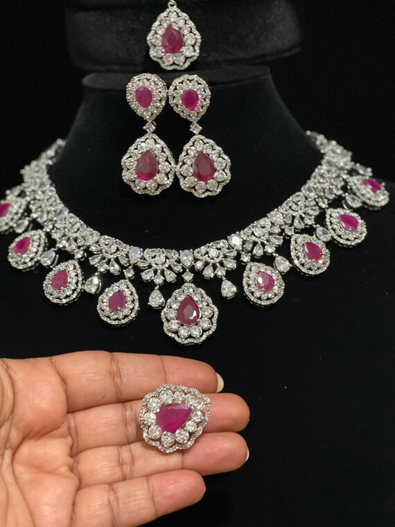 5 Piece Ruby Diamond Necklace Set CZ Diamond Necklace Chain