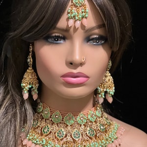 Mint Pink Polki Necklace/Gold Choker/Polki Kundan Necklace/Polki Choker/Tikka/Earrings/Indian Jewelry/Pakistani Jewelry/Bridal Jewelry