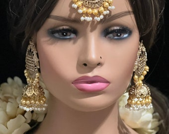 Jadau Jhumka/Jadau Tikka/Jhumka/Chanbali Örhängen/Tika/Indiska Örhängen/Pakistanska Smycken/Indiska Smycken/Punjabiska Smycken/Lättvikts
