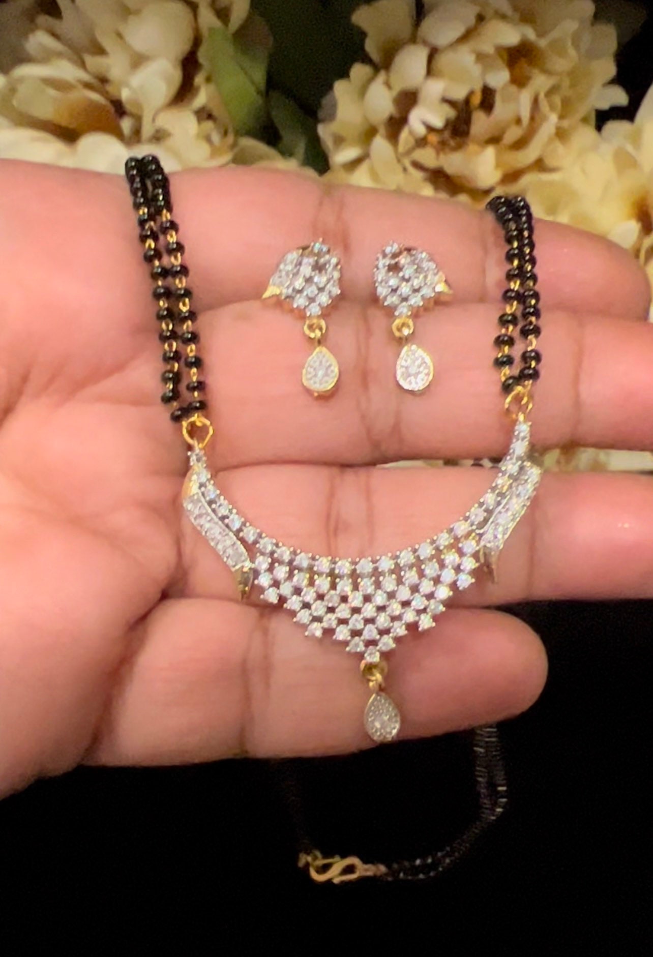 CZ and AD Diamond Gold Plated Mangalsutra/ Earrings/ Black beaded Mangalsutra/ Mangalsutra Replica