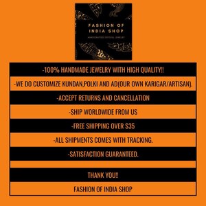 May include: A graphic with black text on an orange background. The text reads "Fashion of India Shop" and "Handcrafted Crystal Jewelry". The text also includes information about the shop's policies, such as free shipping over $35 and satisfaction guaranteed.