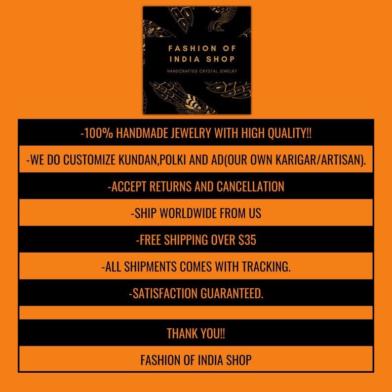 May include: A graphic with black text on an orange background. The text reads "Fashion of India Shop" and "Handcrafted Crystal Jewelry". The text also includes information about the shop's policies, such as free shipping over $35 and satisfaction guaranteed.
