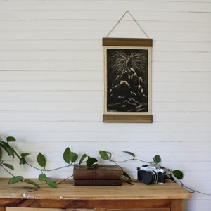 Original Woodcut Mountain Lighthouse Wall Hanging on Tan Fabric