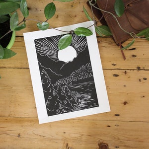 Original Woodcut Print - Mountain Sunset Rustic Farmhouse Print
