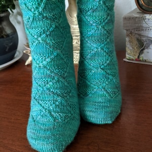 Op de afbeelding: Een paar tealblauwe gebreide sokken met een ruitpatroon. De sokken zijn gemaakt van zacht garen en hebben een comfortabele pasvorm.