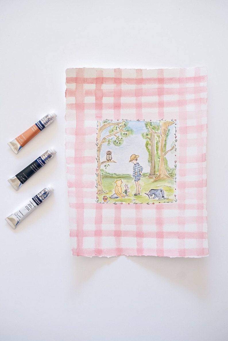 Original Watercolor Winnie the Pooh 9x12 Pink Gingham Nursery Painting
