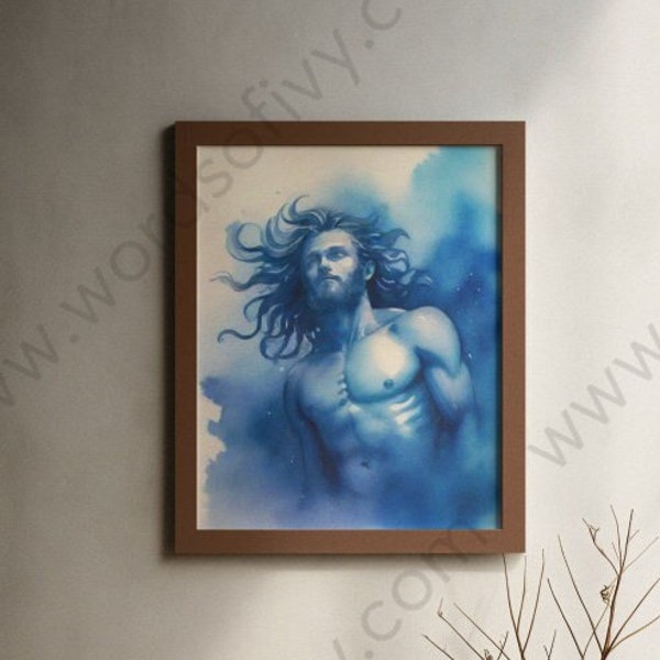 Printable Digital Download - King Neptune vintage mermaid Ocean waves nautical colorful blue picture wall art home decor nursery decor