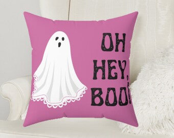 Oh hey, Boo pink Halloween PILLOW CASE Spun Polyester Square Pillow Case Feminine Halloween Ghost Throw Pillow