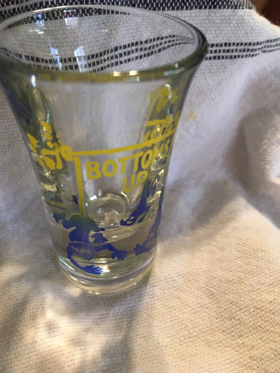 Vintage Bottoms Up shot glasses. Clear with blue and yellow Etsy