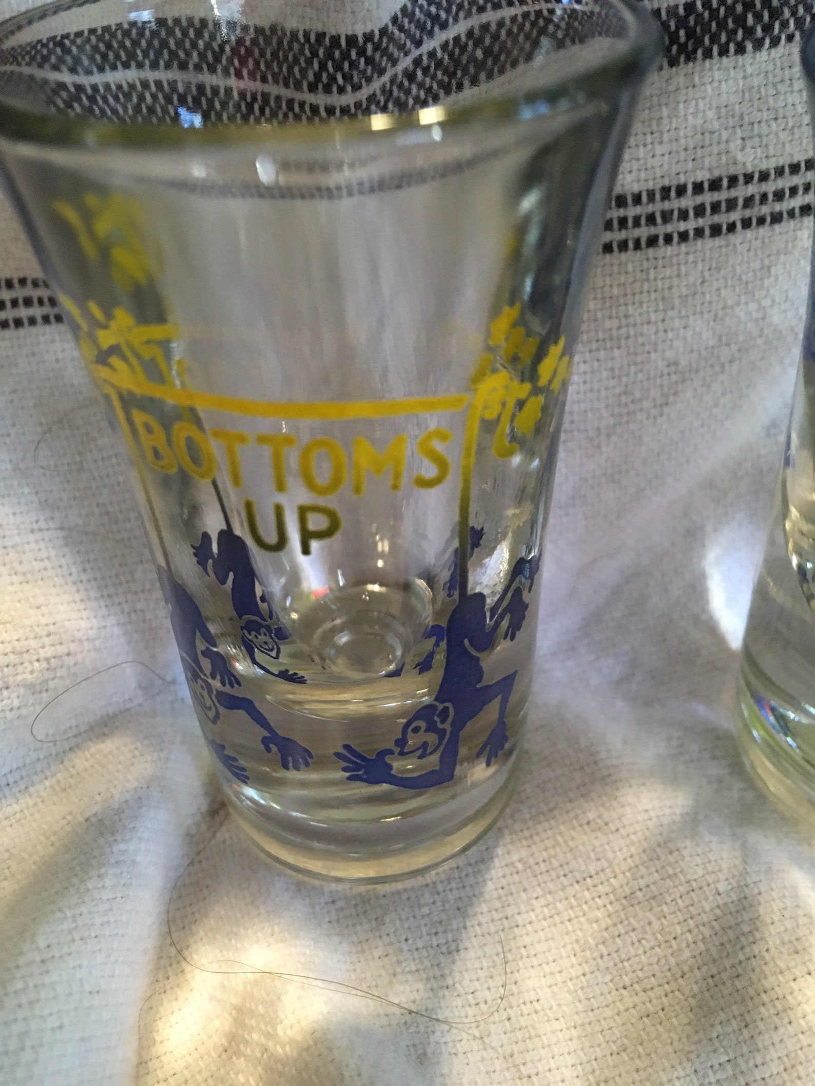 Vintage Bottoms Up shot glasses. Clear with blue and yellow Etsy