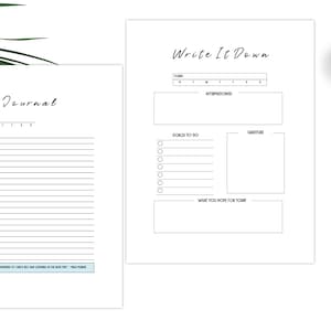 May include: A printable planner page with the title "Write It Down". The page is divided into sections for affirmations, goals, gratitude, and what you hope for today. There is also a blank journal page with the word "Journal" at the top.