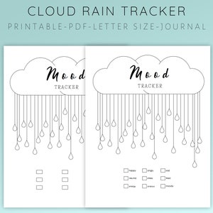 May include: Printable mood tracker journal with a cloud and raindrops. The journal has a section for tracking mood with checkboxes for happy, angry, sad, neutral, stress, tired, energy, anxious, and moody.