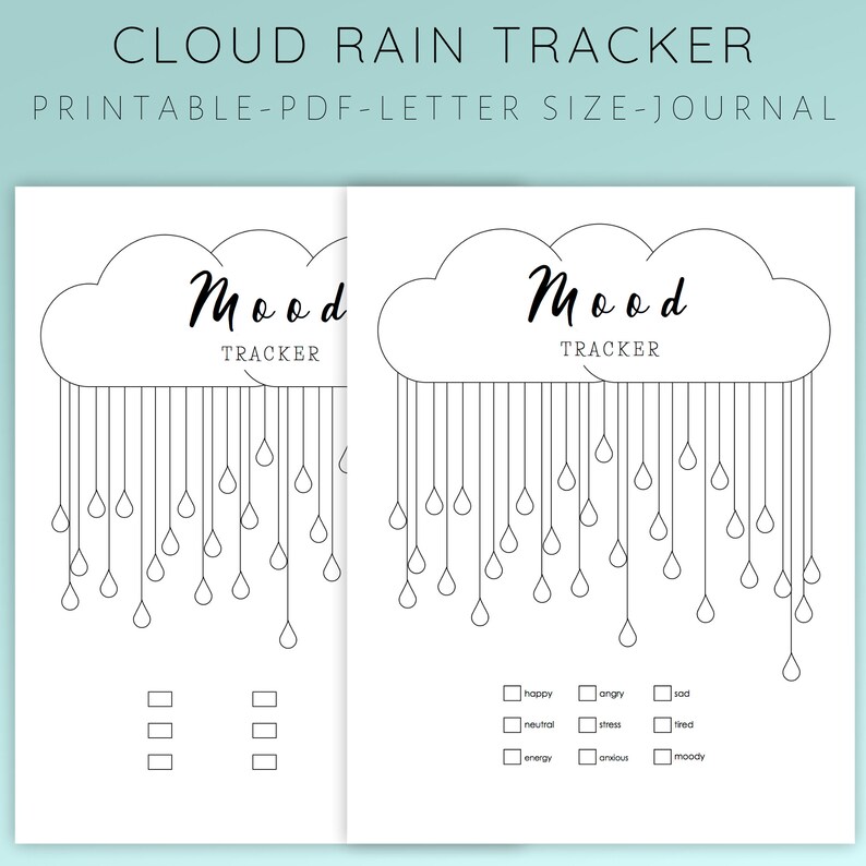 May include: Printable mood tracker journal with a cloud and raindrops. The journal has a section for tracking mood with checkboxes for happy, angry, sad, neutral, stress, tired, energy, anxious, and moody.