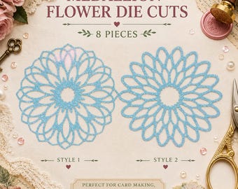 May include: Two light blue medallion flower die cuts with glitter accents. The image includes text that reads "MEDALLION FLOWER DIE CUTS", "8 PIECES", and "PERFECT FOR CARD MAKING, SCRAPBOOKING, GIFT TAGS, JOURNALS & MORE!"