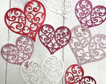 Die Cuts Valentines Filigree Heart 8 Pieces Glitter Cardstock Valentines Heart Valentine Die Cuts Valentines Cut Outs Hearts for Decor