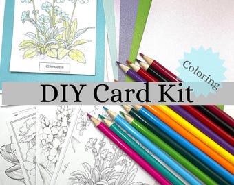 DIY Botanical Card Kit 6 Cards Color Your Own All Occasion Greeting Cards Flowers A2 Creative Card Kit with Colored Pencils Stress Relief