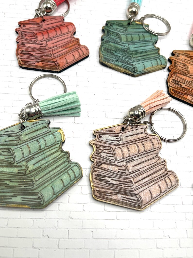 Keychain Note Books OOAK Handmade Bookstack Wood Decorative Keychain Zipper Pull Journal ...