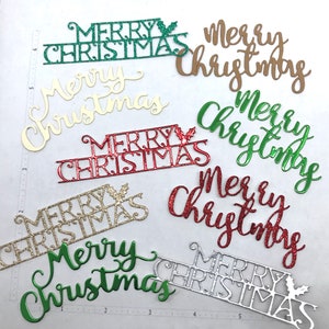 May include: Assortment of nine die-cut "Merry Christmas" greetings in various colors and styles. The greetings are made of paper and glitter and are perfect for crafting and scrapbooking.