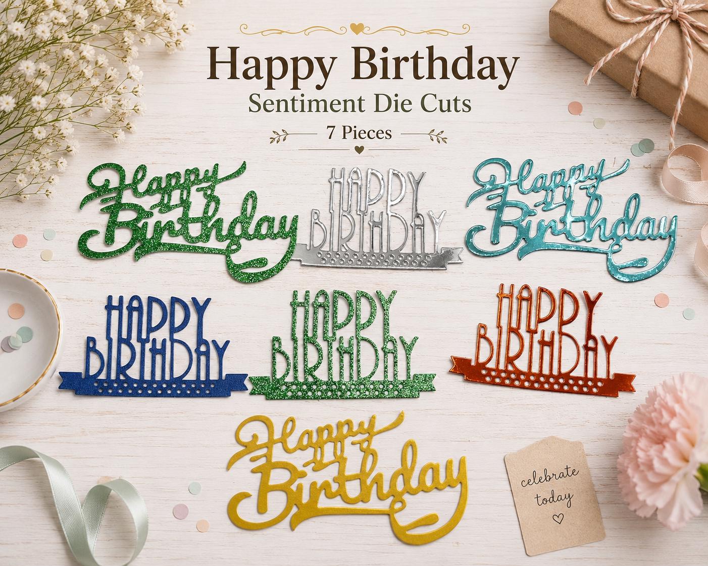May include: A collection of seven "Happy Birthday" sentiment die cuts in various colors, including green, silver, blue, and gold. The die cuts are displayed on a light wooden surface, with a small card that says "celebrate today".