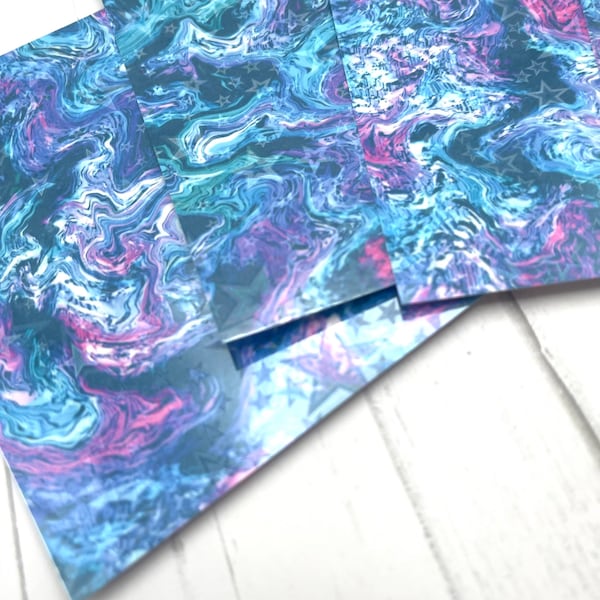 Holographic Marbled Art Background Sheets 4 Pieces Cardstock 4x5.25" Teal Marbled Paper Marbled Art Paper Journal Paper Iridescent Paper