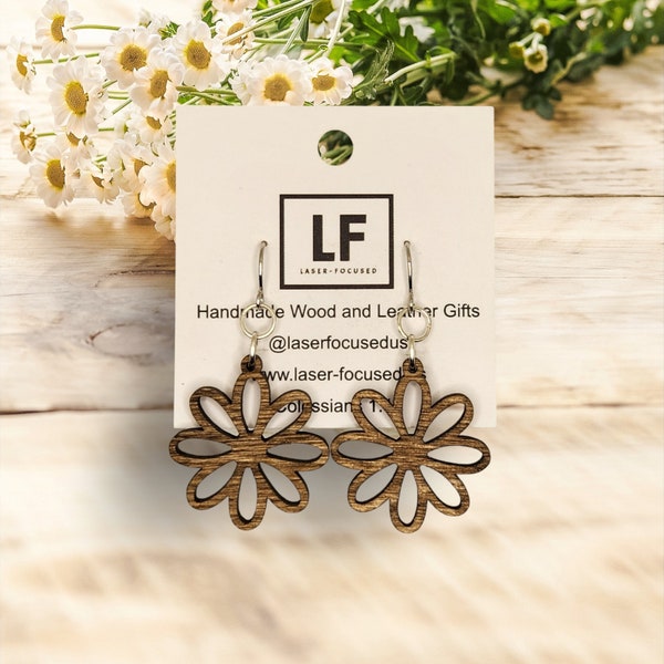 Daisy Wood Earring Cutout Wood Flower Earrings Simple Earrings Boho Floral Earrings Handmade Jewelry Minimalist Dangle Boutique Earrings