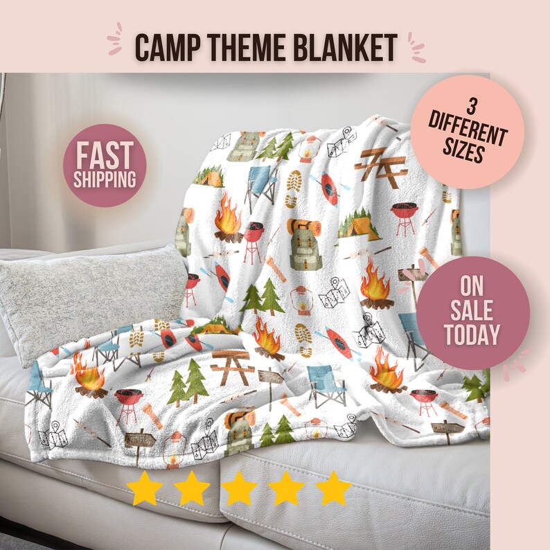 Camping Blanket Camp Theme Throw Gift for Camper Hiker Outdoor