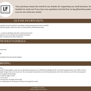 May include: A brown and white text document with the title "License Information" and "Recommended Materials" with a list of materials for laser cutting. The document also includes a section titled "Laser Printing" with troubleshooting tips.