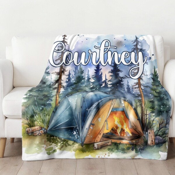 Personalized Name Blankets for Kids, Tent Campfire Forest Throw, Camp Blanket Gifts for Girl Boy Teen, Graduation Birthday Christmas Gift