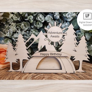 Porte-cartes cadeau camping SVG - fichiers découpés au laser soleil montagne forêt - porte-monnaie de camping tente - téléchargement numérique pour xTool et Glowforge