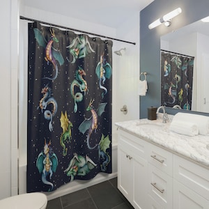 Whimsigoth Shower Curtain, Nerdy Bathroom Accessories, Dragon Bathroom Decor, 90s Nostalgia Moons and Stars