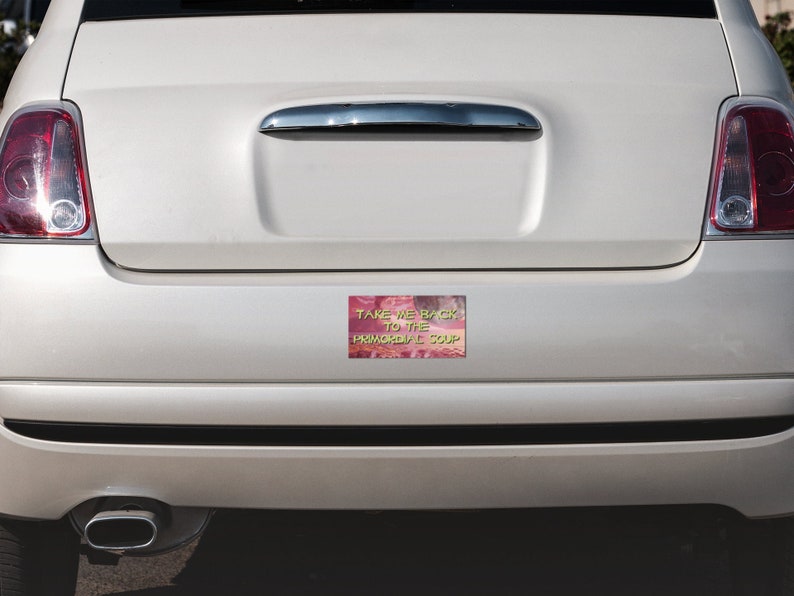 K&ouml;nnte beinhalten: Ein wei&szlig;es Auto mit einem Sto&szlig;f&auml;ngeraufkleber, auf dem "Take me back to the primordial soup" steht. Der Aufkleber hat einen rosa und orangenen Sonnenuntergangs-Hintergrund mit gelbem Text.
