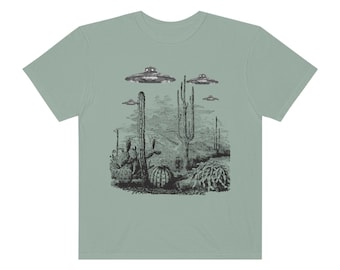 UFO Wüste T-Shirt, X-Akten Alien T-Shirt, Paranomal Grafik T-Shirt, UFO T-Shirt, Cryptid Bigfoot Bekleidung, Gruseliges T-Shirt Müsli, Outdoorsy