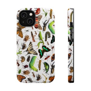 May include: A white smartphone case featuring a detailed pattern of various insects, including butterflies, beetles, caterpillars, ants, and a praying mantis. The design displays a diverse array of colors such as green, orange, black, and brown.