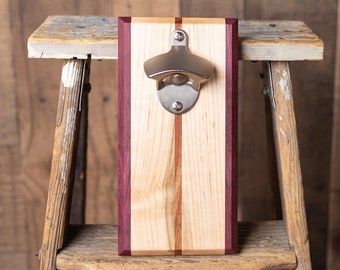 Bottle Opener Magnetic Cap Catch - Handcrafted Purpleheart/Maple/Mahogany with Satin Opener (No Personalization)