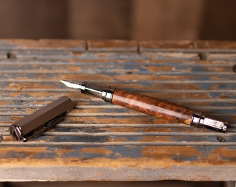 Handmade Fountain Pen - Thuya Burl, Gun Metal/Brown